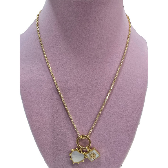 Tory Burch Mother of Pearl Heart & Square Logo Pendants Necklace *NWOT MSRP=$148 - Picture 1 of 7